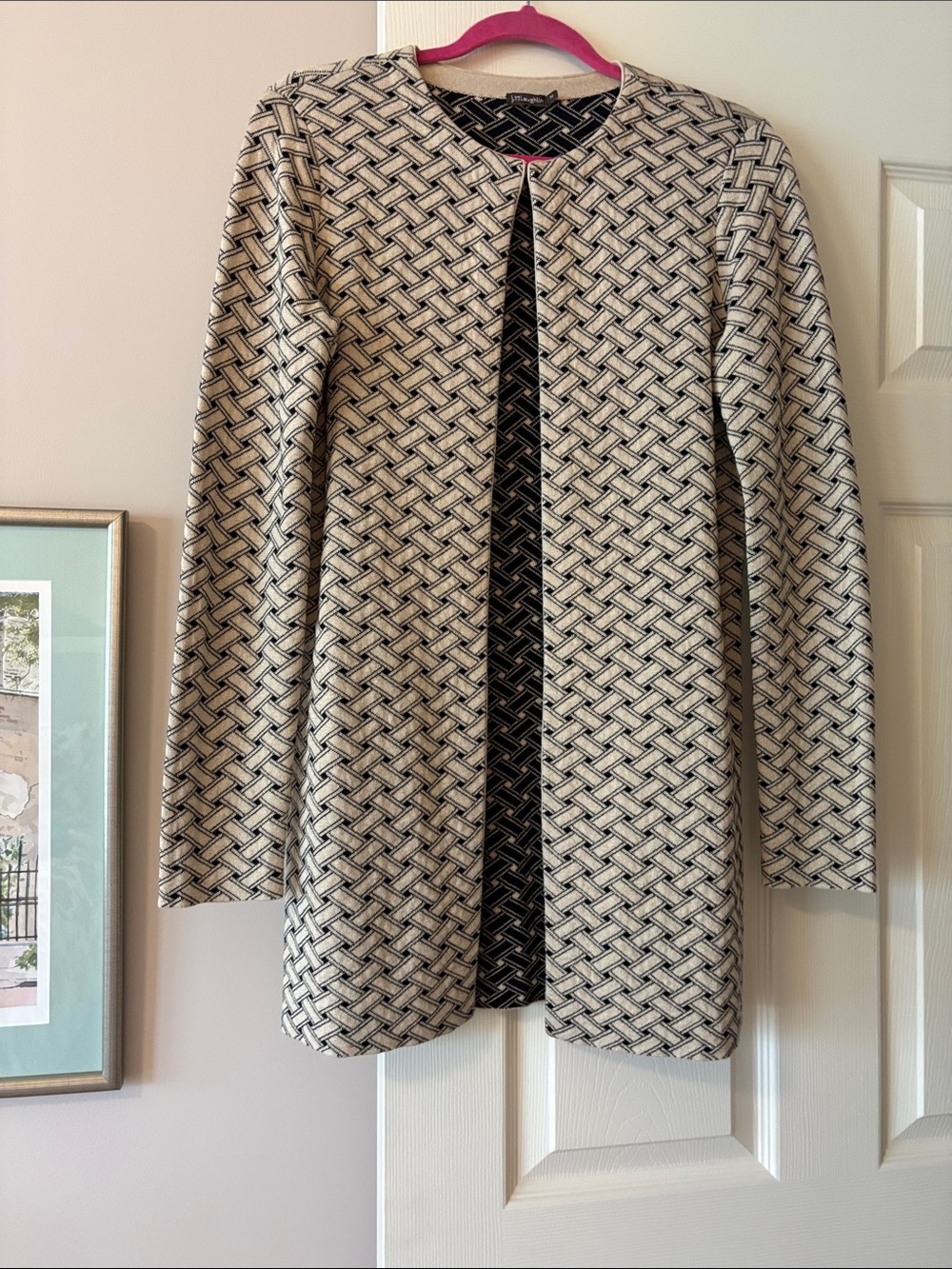 Women's Cream & Black Patterned Open Cardigan Sweater EUC J McLaughlin